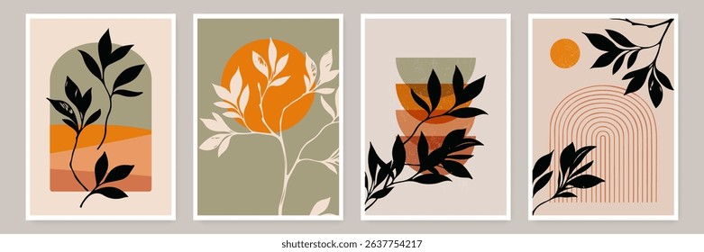 Abstract Wall Art Template Set Hand Drawn Style. Floral Vector Background Minimalist Bohemian Line Art Style for Wall Art, Social Media, Banners, Posters, Cards, Prints. Not AI