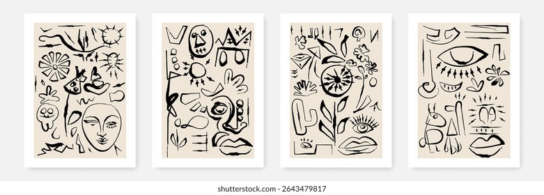 Abstract Wall Art Template Set Hand Drawn Style. Abstract Vector Background Minimalist Line Art Style for Wall Art, Social Media, Banners, Posters, Cards, Prints. Not AI