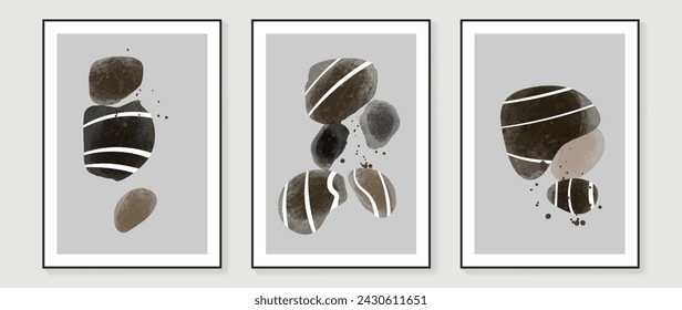 Abstract wall art vector. Modern rock wallpaper with line art. Minimalist hand painted illustration with watercolor stain texture for home decor, background, interior.