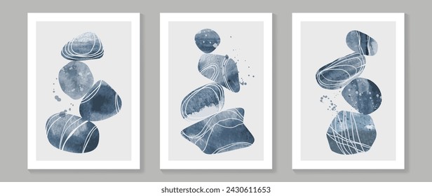 Abstract wall art vector. Modern rock wallpaper with line art. Minimalist hand painted illustration with watercolor stain texture for home decor, background, interior.