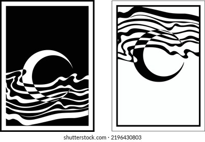Abstract wall art vector. MoonDesign with line art, wave lines, ink, circles, monochrome, black and white color. Abstract painting for wall decoration, interior, prints, cover, and postcard.
