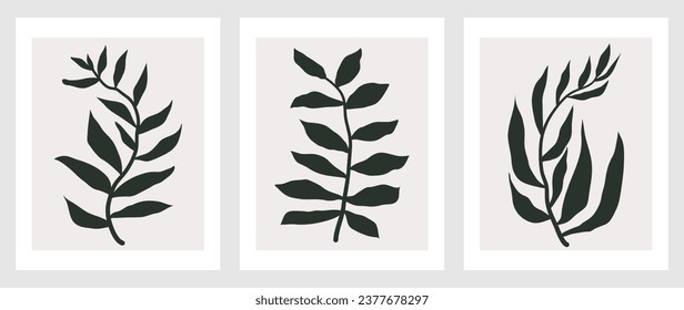 Abstract wall art vector set. Design with a branch of leaves, leaves, foliage, in dark color on a beige background. Botanical painting for wall decoration, interior decoration, prints, cover and post	