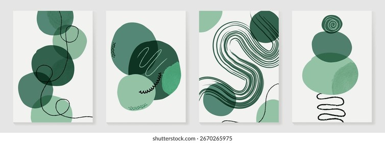 Abstract wall art vector set. Stone and organic shape with green watercolor texture in earth tone colors. Illustration design for Eco packaging, interior, cover, wall art, wallpaper.