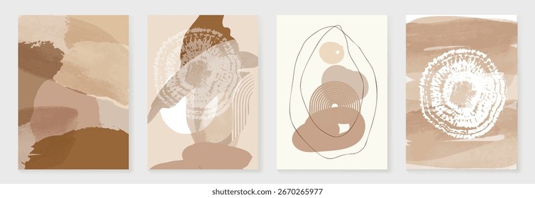 Conjunto de Vector de arte de pared Abstractas. Madera y forma orgánica con textura de acuarela marrón en tonos tierra. Diseño de ilustración para embalaje ecológico, interior, cubierta, arte de la pared, Fondo de pantalla.