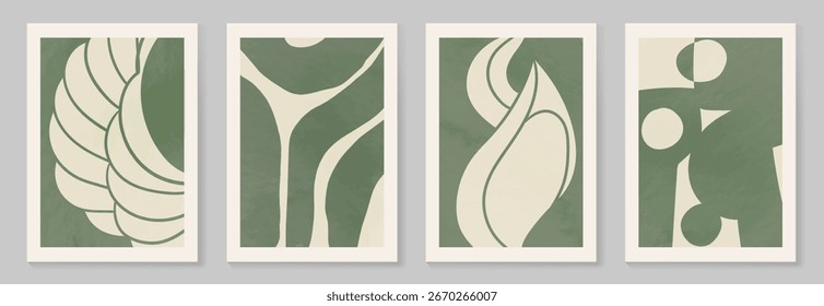 Abstrakter Wandkunst-Vektorsatz. Organische Form und Blätter mit grüner Aquarelltextur in Erdtönen. Illustration Design für Eco-Verpackung, Interieur, Abdeckung, Wandkunst, Tapete.