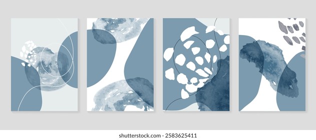 Abstract wall art vector template. Collection of hand drawn leaves with blue watercolor texture, abstract shape. Botanical poster set for wall decoration, interior, wallpaper, banner.