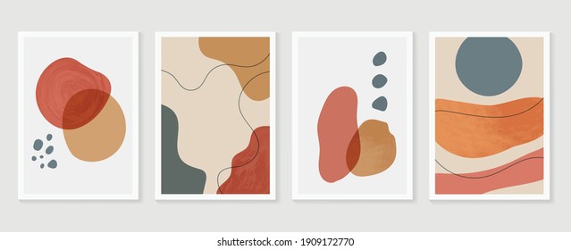 Abstract wall arts background vector set.  Earth tones organic shape watercolor paint art brush design for wall framed prints, canvas prints, poster, home decor, cover, wallpaper. Vector illustration