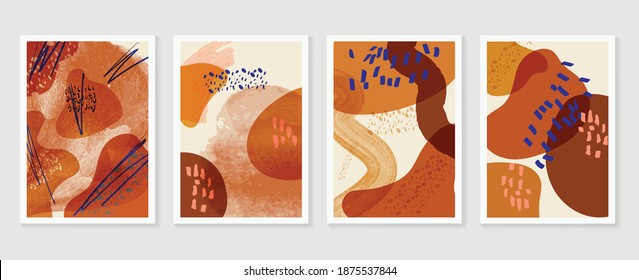 Abstract wall arts vector collection.  Earth tones organic shape Art brush design for wall framed prints, canvas prints, poster, home decor, cover, wallpaper. Vector illustration