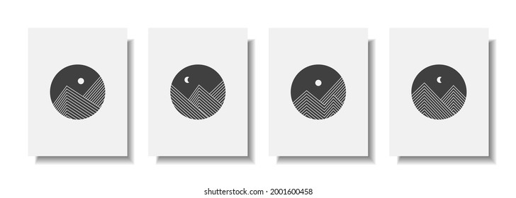 Resumen de colección vectorial de artes murales. Muros de arte minimalistas y naturales. Ilustración panorámica minimalista de montaña. Diseño de arte ecológico en blanco y negro para afiches, impresiones, cubiertas, papel pintado, etc.