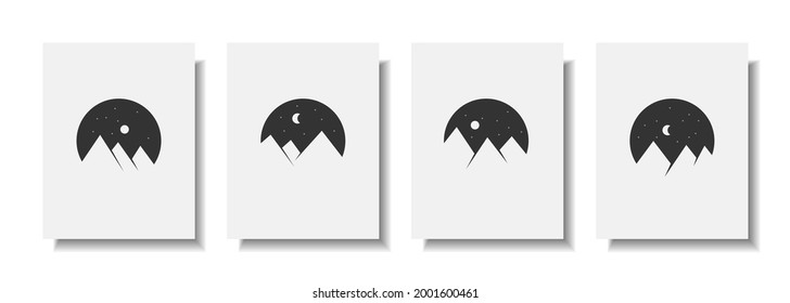 Abstract wall arts vector collection. Minimal and natural wall art. Minimalist mountain panorama illustration. Black and white organic shape art design for poster, print, cover, wallpaper, etc