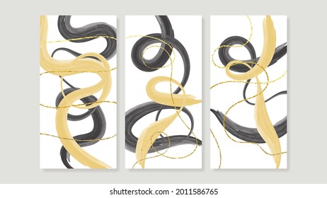 Resumen de colección vectorial de artes murales.  Vector de arte de pared tríptico. Diseño artístico de pincel acuarela para impresiones enmarcadas en pared, impresiones de lienzo, afiche, decoración doméstica, cubierta, papel tapiz.