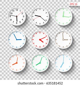 Abstract wall clocks design set. Transparent background. Template for your design works. Vector illustration.