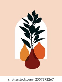 Abstract wall decoration in boho style with plant and vases. Vector illustration
