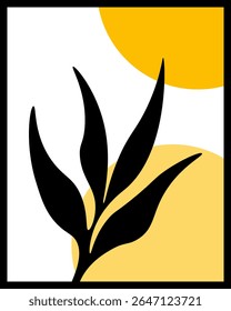 Abstract wall decoration design boho concept black plants with yellow and orange circle background
