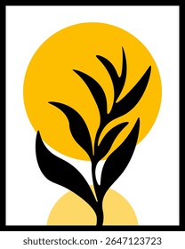 Abstract wall decoration design boho concept black plants with yellow and orange circle background