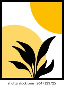 Abstract wall decoration design boho concept black plants with yellow and orange circle background