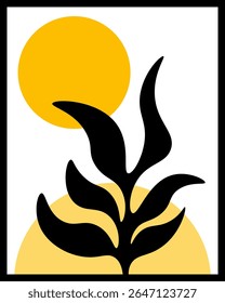 Abstract wall decoration design boho concept black plants with yellow and orange circle background