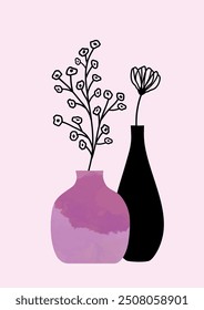 Abstract wall decoration with a floral element and vases. Vector illustration