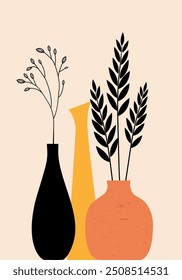 Abstract wall decoration with plants and vases