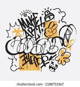 Abstract wall scribbles background. Street art graffiti texture with tags, doodles,words, calligraphy. Applicable for poster, t-shirt print, textile, interior design. Vactor illustration.