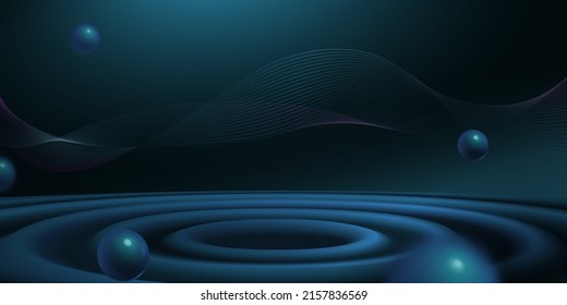 Abstract wallpaper of 3D spheres falling on a speaker like surface with wavy curves in the back on dark blue background