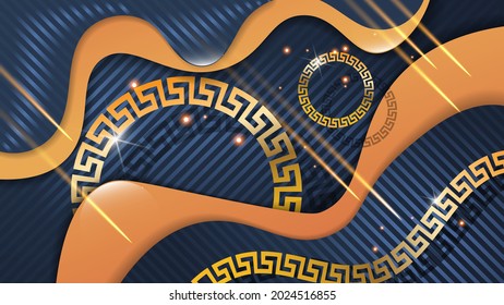 abstract wallpaper with ancient greek motives. gold rings with ancient Greek patterns, meteorites, highlights against a background of overlapping orange and blue striped shapes with wavy edges. vector