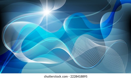 Abstract wallpaper in aquamarine tones. A flash of light, intertwining wavy lines against the background of overlapping smooth shapes and stripes and mixing colors. Vector.