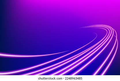 Abstract wallpaper of blue and purple lines trails with motion blur effect in the dark, texture of neon light, cover background. Technology dynamic concept of energy speed road for banner or flyer.