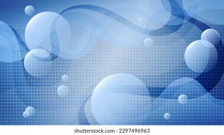 Abstract wallpaper in blue tones. Translucent spheres, intertwining wavy stripes, smooth shapes are randomly located on a textural background. Vector.