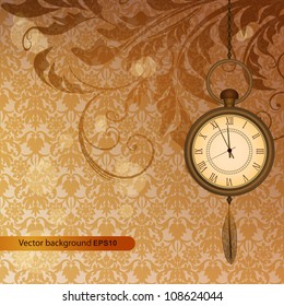 Abstract wallpaper with bronze floral branches and pocket watch