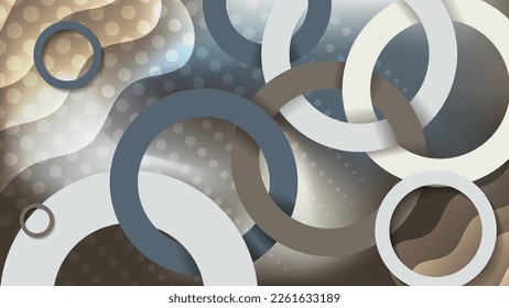 Abstract wallpaper in cold colors. Multi-colored rings of different sizes interlocked with each other against the background of overlapping textured flowing shapes and mixing colors. Vector.