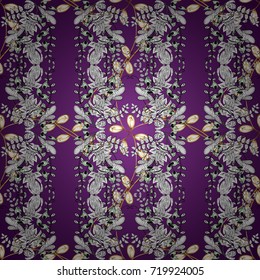 Abstract wallpaper, decoration. Vector golden pattern on purple, white, gray color with golden element. Winter symbol, Merry Christmas holiday, Happy New Year 2018. Golden snowflake ornamental pattern