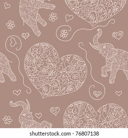 Abstract wallpaper with elephant and hearts on blue background