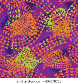 Abstract wallpaper with ethnic motives. Geometric seamless pattern for boy and girl. Funny hot wallpaper with triangle, shapes, splatter, spray, brush lines, orange, purple, green colors.Circus style