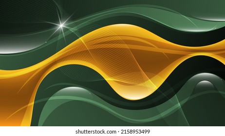 Abstract wallpaper in green-orange tones. Intertwining wavy lines, overlapping smooth shapes, translucent stripes, highlights and glows. Vector.