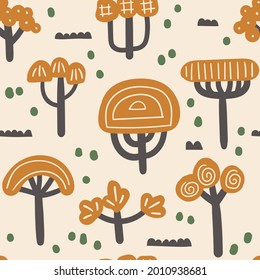 Abstract wallpaper. Hand drawn seamless pattern with trees. Vector art