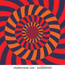 Abstract wallpaper. Optical illusion. Distorted lines background. Simple vector design. Striped orange and blue backdrop. Swirl, twirl elements. Modern psychedelic, hypnotic print, poster.