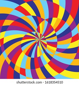 Abstract wallpaper. Optical illusion. Distorted lines background. Simple vector design. Geometry art Striped colorful backdrop. Swirl, twirl elements. Psychedelic, hypnotic print, poster.