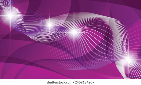 Abstract wallpaper in purple tones. Flashes of light, intertwining wavy lines against a background of overlapping abstract shapes and mixing of colors. Vector.