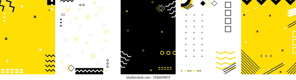 Resumen de fondo de pantalla. El estilo Memphis cubre el fondo. Plantilla de diseño web de gráficos amarillos, negros y blancos. Composición abstracta de formas en el vector eps
