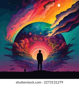 abstract wallpaper silhouette man in the end of the world Apocalypse with colorful background. vector illustration