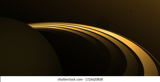 Abstract wallpaper with stylized illustration of planet with rings like saturn in dark space in golden gradient colors