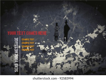 Abstract wallpaper with two people on a scratched and fragmented wall