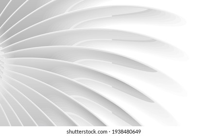 Abstract wallpaper with white monochrome 3d illustration od radial volume lines forming shape from the center to the edges, presentation cover