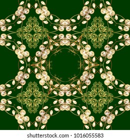 Abstract wallpaper, wrapping decoration. Golden snowflake simple seamless pattern. Vector golden pattern on green and yellow colors. Symbol of winter, Merry Christmas holiday, Happy New Year 2018.