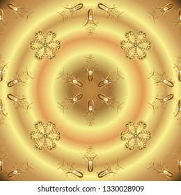 Abstract wallpaper, wrapping decoration. Golden snowflake simple seamless pattern. Vector golden pattern on yellow and beige colors. Symbol of winter, Merry Christmas holiday, Happy New Year 2019.