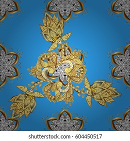 Abstract wallpaper, wrapping decoration. Golden snowflake seamless pattern. Vector golden pattern on blue background with golden element. Winter symbol, Merry Christmas holiday, Happy New Year 2018.