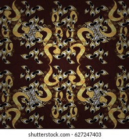 Abstract wallpaper, wrapping decoration. Golden snowflake simple pattern. Vector golden pattern on brown background with golden elements. Symbol of winter, Merry Christmas holiday, Happy New Year 2018