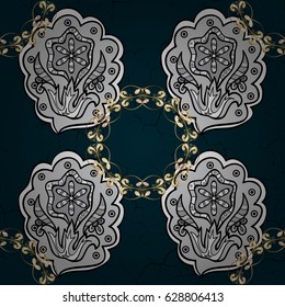 Abstract wallpaper, wrapping decoration. Golden snowflake simple pattern. Vector golden pattern on blue background with golden elements. Symbol of winter, Merry Christmas holiday, Happy New Year 2018.