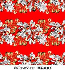 Abstract wallpaper, wrapping decoration. Golden snowflake seamless pattern. Vector golden pattern on red background with golden element. Winter symbol, Merry Christmas holiday, Happy New Year 2018.